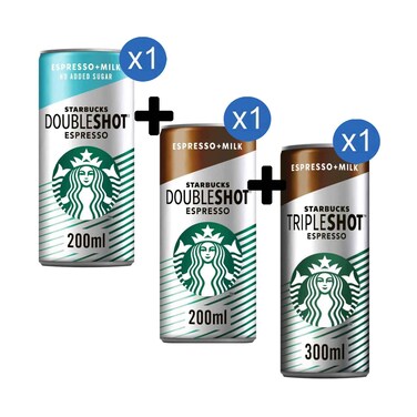 Starbucks Doubleshot Espresso Coffee Drink 200ml + Starbucks Doubleshot No Added Sugar Coffee Drink 200ml + Starbucks Tripleshot Espresso Coffee Drink 300ml