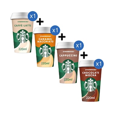 Starbucks Caffe Latte Coffee Drink 220ml + Starbucks Caramel Macchiato Coffee Drink 220ml + Starbucks Chocolate Mocha Coffee Drink 220ml + Starbucks Cappuccino Coffee Drink 220ml