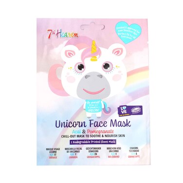 7th Heaven Unicorn Face Mask With Acai &amp; Pomegranate, Chill Out Mask To Soothe &amp; Nourish Skin 1 Piece Sheet Mask