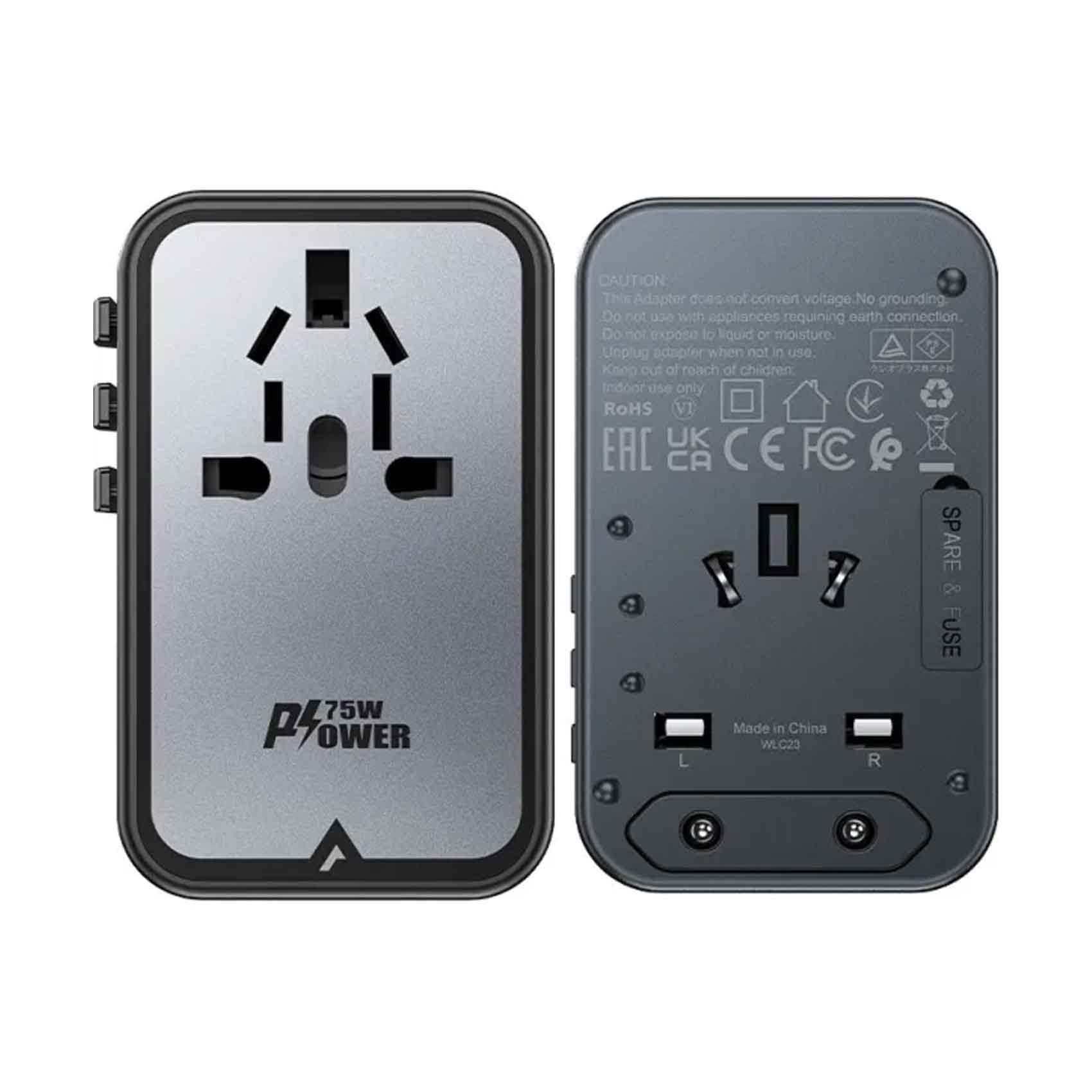 Acefast Travel Plug Adapter Universal Socket With 5 Fast Ports PD75W Gan (3xUSB-C+2xUSB-A) 2300Watts
