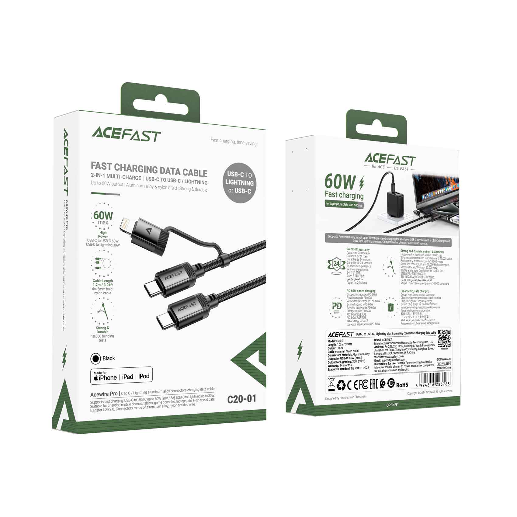 Acefast Fast Charging Data Cable 2 in 1 Multi Charge USB-C To USB-C/ Lightning C20-01