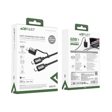 Acefast Fast Charging Data Cable 2 in 1 Multi Charge USB-C To USB-C/ Lightning C20-01