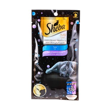 شيبا مكافآت كريمية متنوعة للقطط بنكهة التونة والمأكولات البحرية 12 غرام × 4 قطع