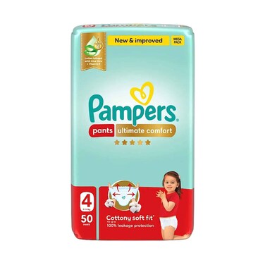 Pampers Diaper Pants Ultimate Comfort Mega Pack Lotion Infused With Aloe Vera &amp; Vitamin E Size 4, 9-14kg, 50 Pants