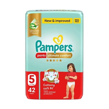 Pampers Diaper Pants Ultimate Comfort Mega Pack Lotion Infused With Aloe Vera &amp; Vitamin E Size 5, 12-18kg, 42 Pants