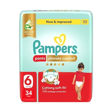 Pampers Diaper Pants Ultimate Comfort Mega Pack Lotion Infused With Aloe Vera &amp; Vitamin E Size 6, 16+kg, 34 Pants