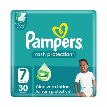 حفاضات بامبرز لحماية الأطفال من الطفح الجلدي، عبوة ميجا، مقاس 7، وزن 15 كجم فأكثر، 30 حفاضة