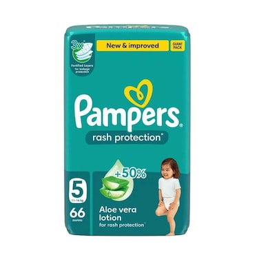 حفاضات بامبرز لحماية الأطفال من الطفح الجلدي، عبوة كبيرة الحجم 5، وزن 11-16 كجم، 66 حفاضة