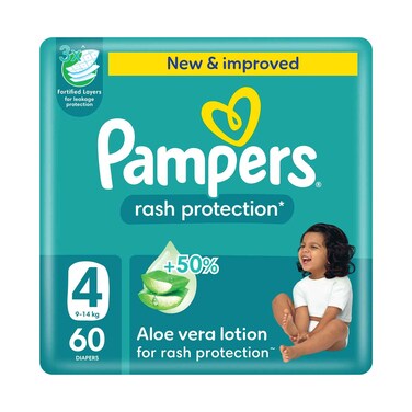 Pampers Rash Protection Baby Diapers Mega Pack Size 4, 9-14kg, 60 Diapers