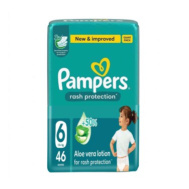 حفاضات بامبرز لحماية الأطفال من الطفح الجلدي، عبوة كبيرة الحجم 6، للأطفال بوزن 13 كجم فأكثر، 46 حفاضة