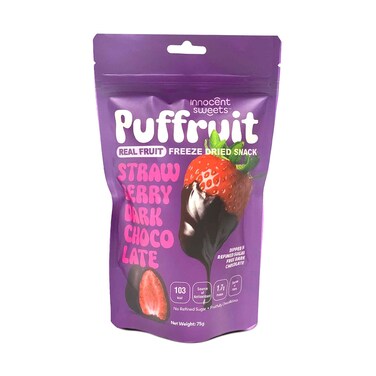 Innocent Sweets Puffruit Real Fruit Freeze Dried Strawberry Dipped in Dark Chocolate 75g