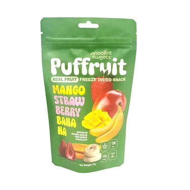 Innocent Sweets Puffruit Real Fruit Freeze Dried Mango, Strawberry &amp; Banana Dipped in White Chocolate 75g