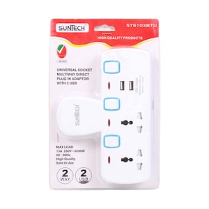 Suntech Universal Socket Multiway Direct Plug In Adaptor 2 Way With USB Port ST6103BTU