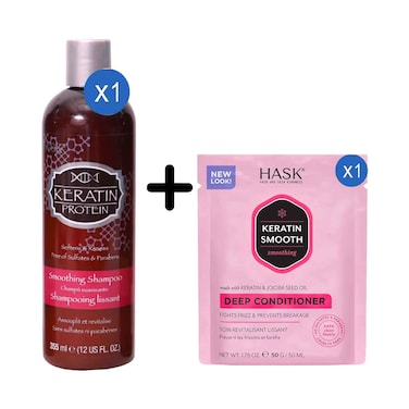 Hask Shampoo Keratin 355ml + Hask Smoothing Deep Keratin Protein Conditioner 50g