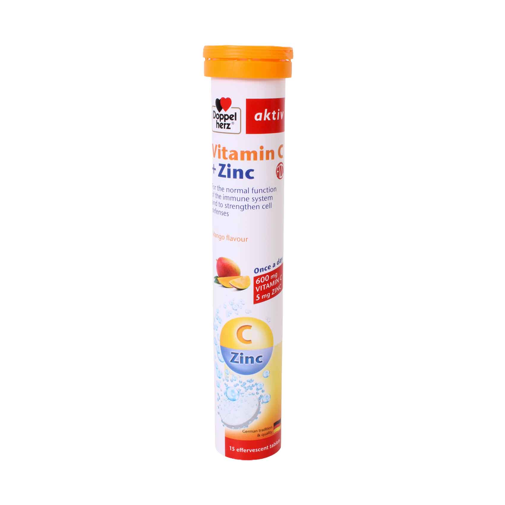 Doppel Herz Aktiv Vitamin C+ Zinc Mango Flavour 15 Effervescent Tablets