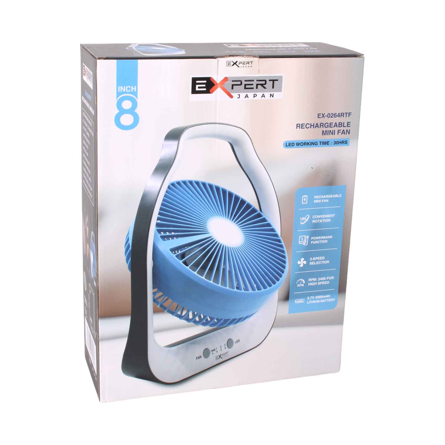 Expert 8 Inches Rechargeable Mini Fan With LED Light
