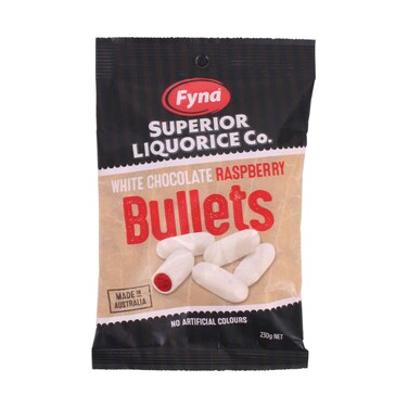 Fyna Superior Liquorice White Chocolate Raspberry Bullets 230g