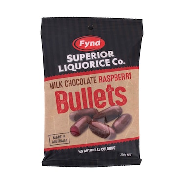 Fyna  Superior Liquorice Milk Chocolate  Raspberry  Bullets 250g