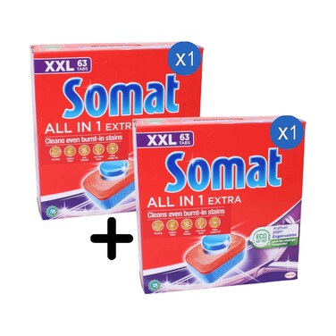 Somat Dishwashing Tablets All in 1 Extra xxl 63Tablets + 1 Piece