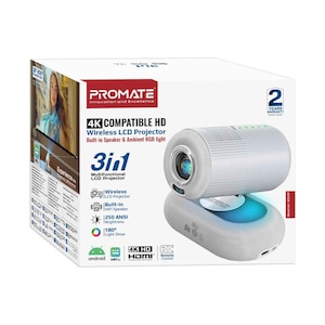 Promate 4K Compatible Hd Wireless Lcd Projector With Built-In Speaker & Ambient RGB Light