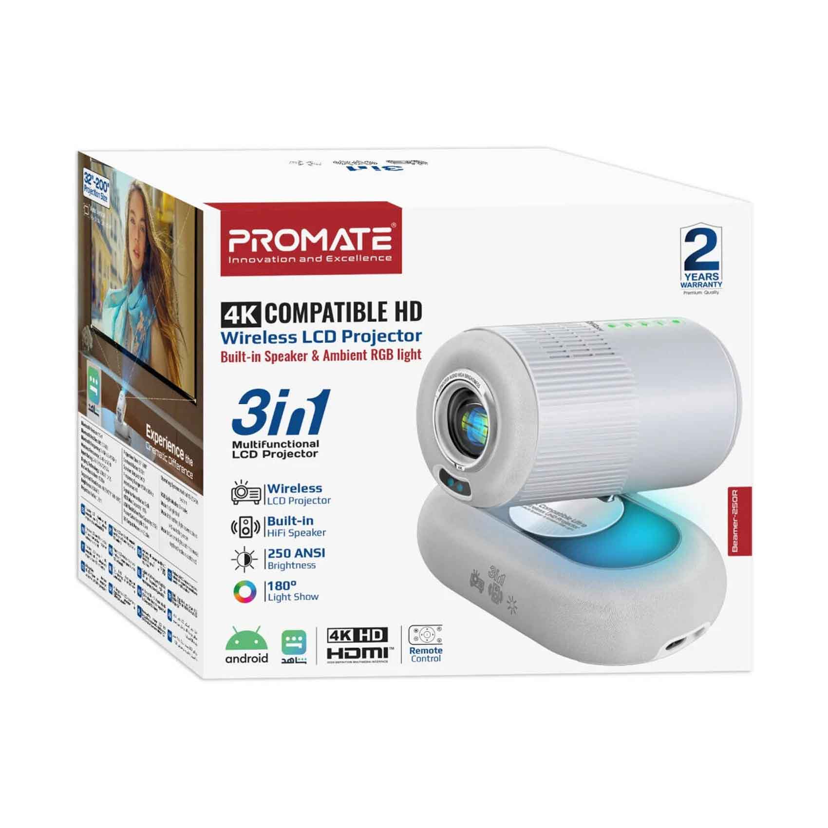 Promate 4K Compatible Hd Wireless Lcd Projector With Built-In Speaker & Ambient RGB Light
