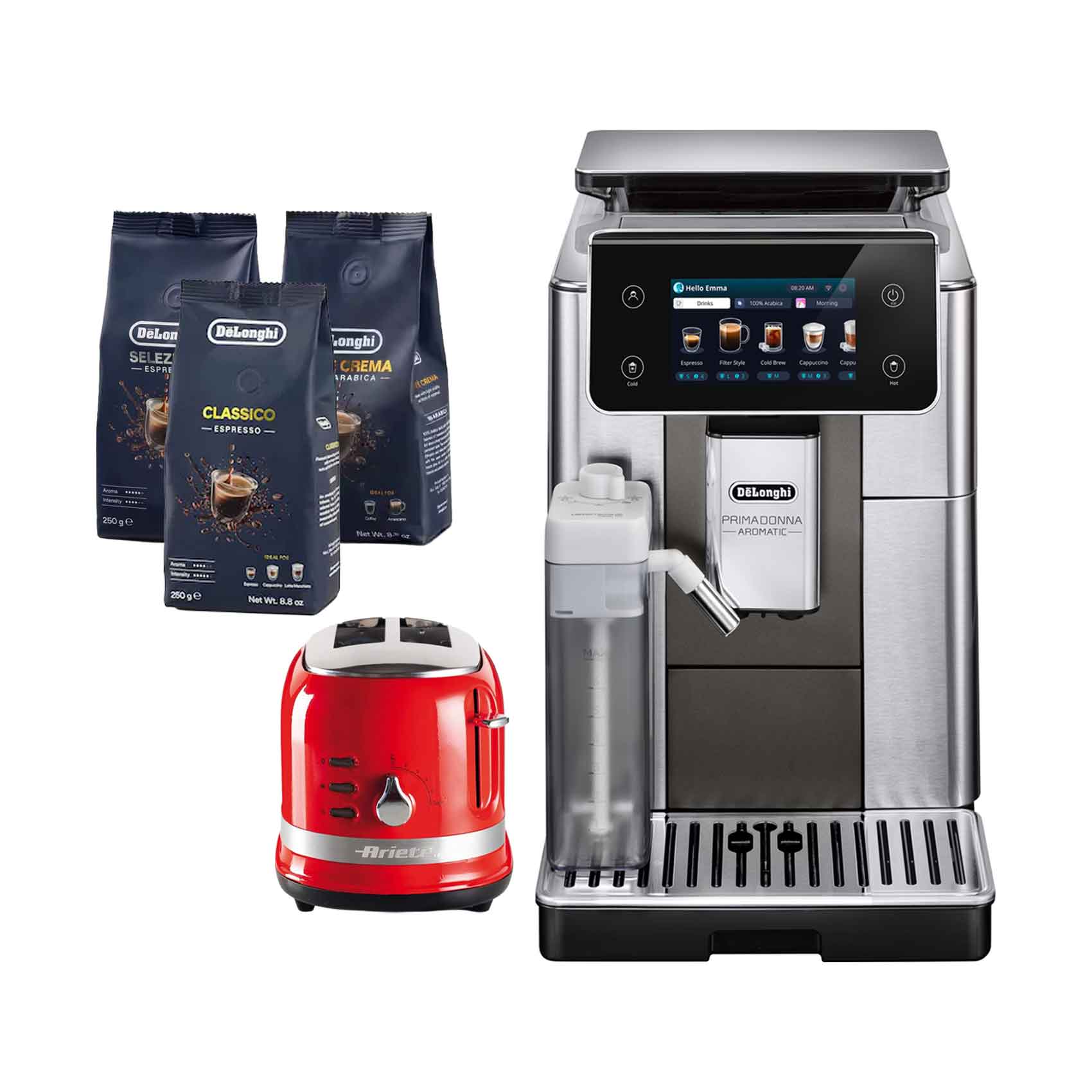 Delonghi ECAM630.75 PrimaDonna Aromatic Coffee Machine + 3x250Gm Coffee Beans + Ariete Moderna Toaster 0149