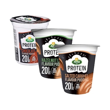 Arla Protein No Added Sugar Chocolate Pudding 200g &amp; Arla Protein No Added Sugar Hazelnut Latte Flavour Pudding 200g &amp; Arla Protein No Added Sugar Salted Caramel Flavour Pudding 200g