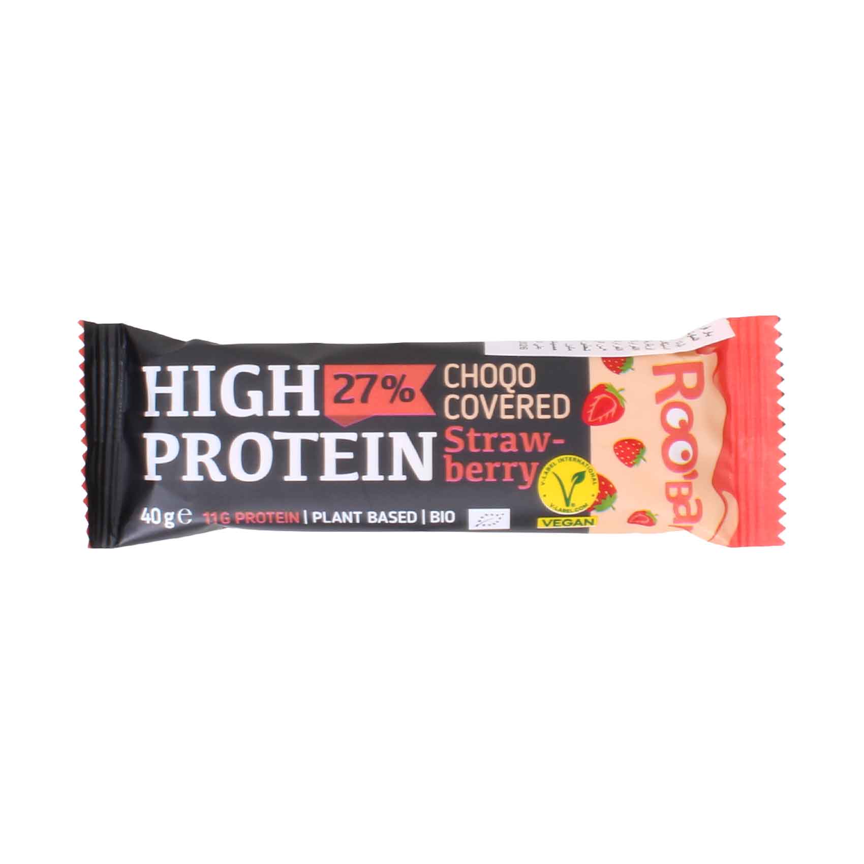 ROO’BAR High Protein Chocolate Covered Strawberry Bar (27% Protein, Vegan) 40g