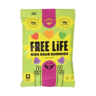 Free Life Kids Sour Gummies Mixed Fruit Flavour 10g Sugar / 12g Protein per Serving 34g