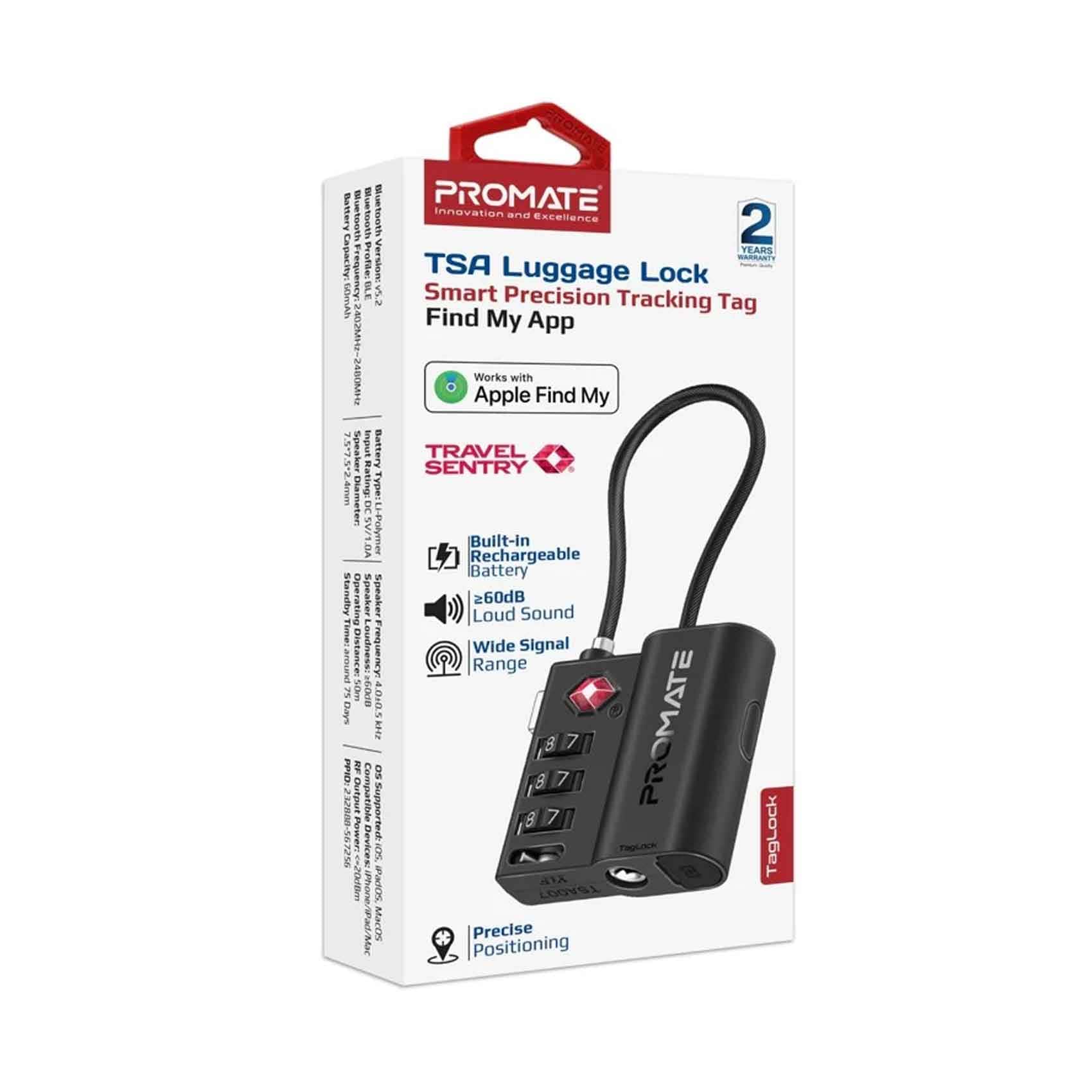 Promate TSA Luggage Lock with Smart Precision Tracking Tag, works with Find My App