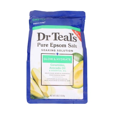 Dr Teal's Pure Epsom Salt Soaking Solution Glow &amp; Hydrate with Ceramides, Avocado Oil &amp; Essential Oil 1.36kg
