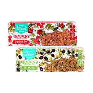 Benina Crackers Cranberry Chia & Pumpkin Seeds, Baked Not Fried 90g & Olive & Sesame, Baked Not Fried 90g
