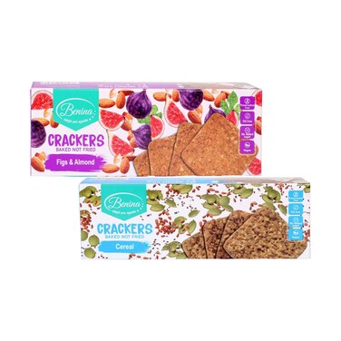 Benina Crackers Figs &amp; Almond, Baked Not Fried 90g &amp; Cereal, Baked Not Fried 90g