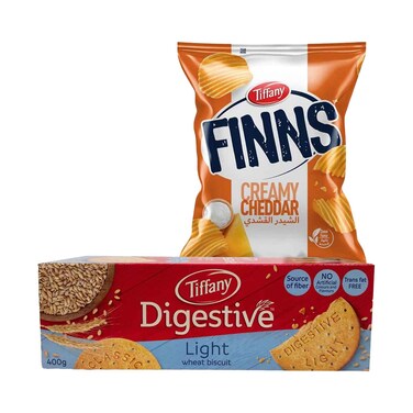 Tiffany Digestive Light Wheat Biscuit 400g &amp; Finns Chips Creamy Cheddar Cheese 12g