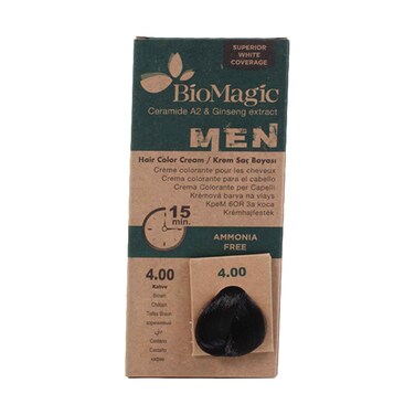 BioMagic Men Hair Color Cream 4.00 Brown Ammonia-Free with Ceramide A2 &amp; Ginseng Extract