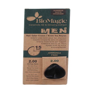 BioMagic Men Hair Color Cream 2.00 Very Dark Brown Ammonia-Free with Ceramide A2 &amp; Ginseng Extract