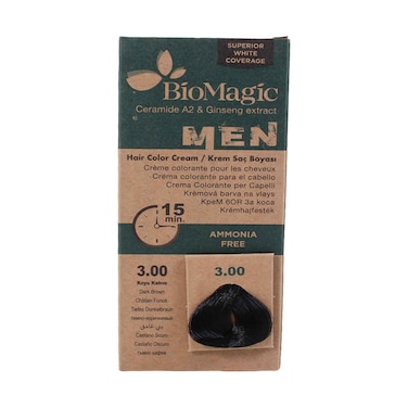 BioMagic Men Hair Color Cream 3.00 Dark Brown Ammonia-Free with Ceramide A2 &amp; Ginseng Extract