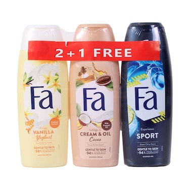 Fa Shower Gel Vanilla Yoghurt, Cream &amp; Oil Cacao, Sport 250mlx3 Pieces