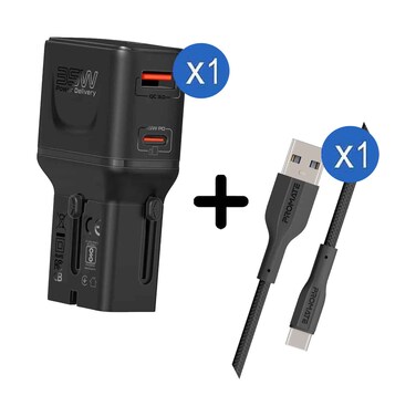Promate Dual Port GanFast Universal Adapter 35W + Super Flexible Data and Charge USB C Cable