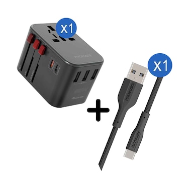 Promate Travel Adapter 2000W AC 18W + Super Flexible Data and Charge USB C Cable
