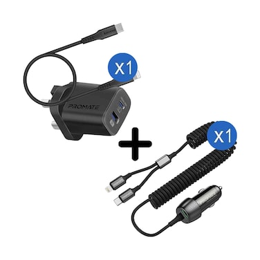 Promate 25W Dual Port Charger + Car Charger with QC 3.0 Port, USB-C/Lightning Coiled Cable
