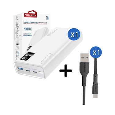 بروميت بنك طاقة بسعة 20000 مللي أمبير، مزود بمنفذي USB-C متنوعين، بالإضافة إلى كابل USB-C مرن للغاية لنقل البيانات والشحن.