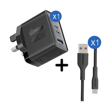 Promate Power Delivery Charging Adapter GaNFast Charger 45W + Super Flexible Data and Charge USB C Cable