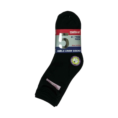 Outdoor Cotton Rich Girls Crew Socks 5 Pairs Set - Black