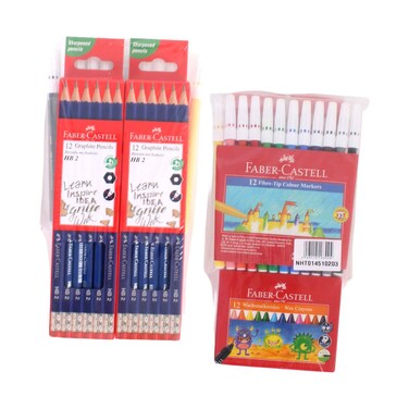 Faber Castell 2 Packs Pencil + 1 Pack Fibre Tip Marker + 1 Pack Wax Crayon Set