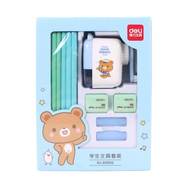 Deli Cute Bear Student Stationery With Pencil Rotary Sharpener, Erasers &amp; Pencils Set