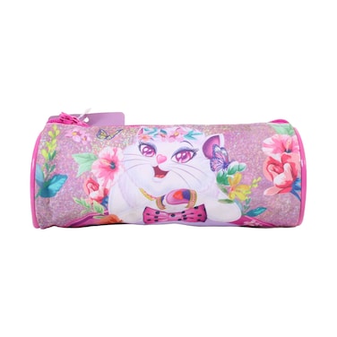 Cute Floral Cat Printed Cylindrical Pencil Case - Pink Multi-Color