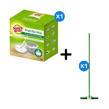 3M Scotch-Brite Spin Mop Bucket + 3M Scotch-Brite Squeegee 33cm + Stick, All-Purpose Squeegee, Multi-Function