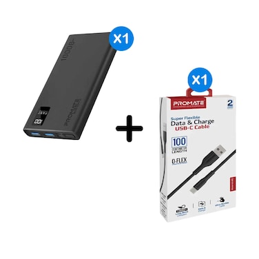 Promate 10000Mah Power bank W/Dual Usb C + Super Flexible Data and Charge USB C Cable