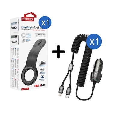 Promate FlexiGrip Cradleless MagSafe Compatible Smartphone Holder + Car Charger with QC 3.0 Port, USB-C Lightning Coiled Cable